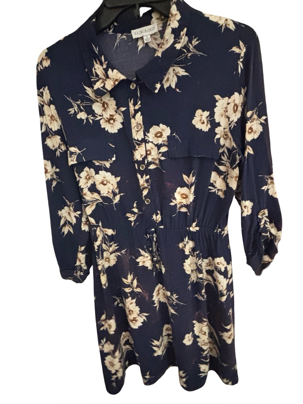 Luxology Navy Floral Rolled Sleeves Midi Dress